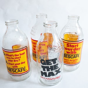 Retro Milk Bottles with Original Coffee Advertising (4), Collectable Glass Bottles, Advertising Collectables