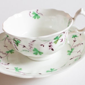 Antique Purple and Green Floral Motif Teacup and Saucer, Vintage Teatime image 1