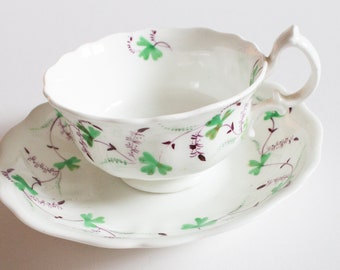 Antique Purple and Green Floral Motif Teacup and Saucer, Vintage Teatime