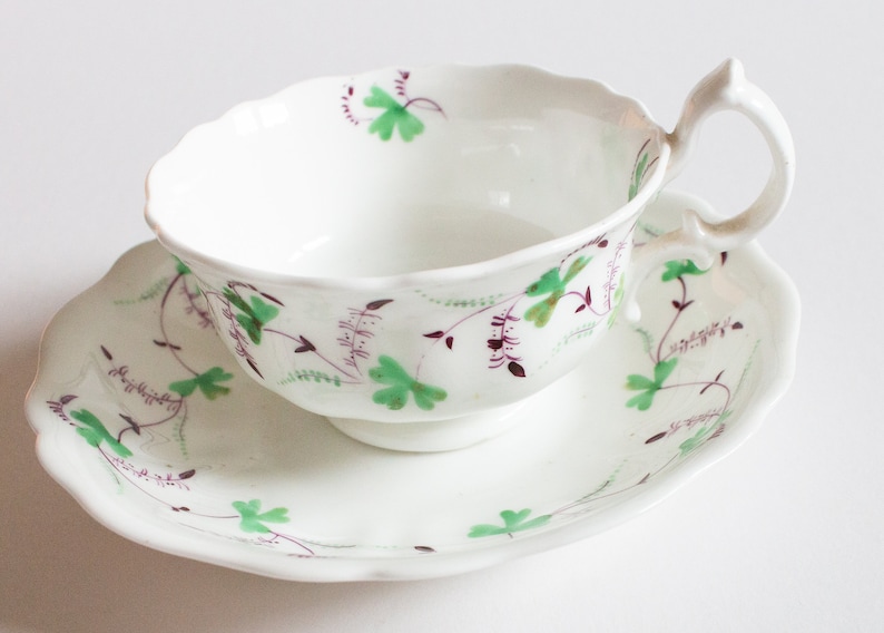 Antique Purple and Green Floral Motif Teacup and Saucer, Vintage Teatime image 1