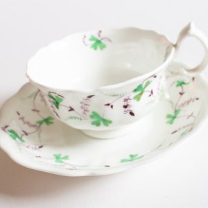 Antique Purple and Green Floral Motif Teacup and Saucer, Vintage Teatime image 2