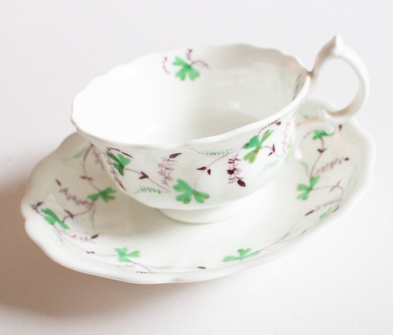 Antique Purple and Green Floral Motif Teacup and Saucer, Vintage Teatime image 2