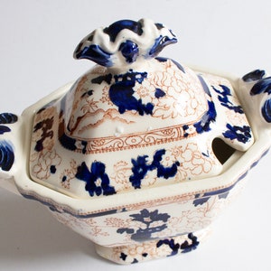 Mason&#39;s Ironstone &#39;Mandarin&#39; Pattern Blue, Orange and White Small Lidded Tureen, Antique Blue Transferware