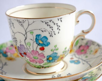 Tuscan China Plant Floral Teacup Trio, Antique Teacups, Vintage Teatime, Vintage Teacup Trios