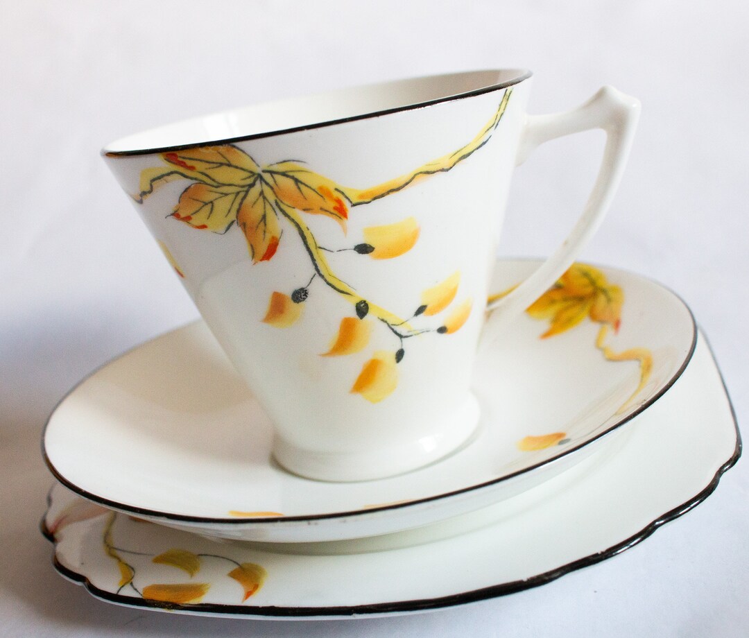 Vintage Art Deco Heathcote Best Bone China Teacup Trio With Yellow