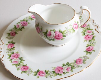 Colclough Bone China roze bloemen creamer en taartbordset, vintage teatime, sandwichbord