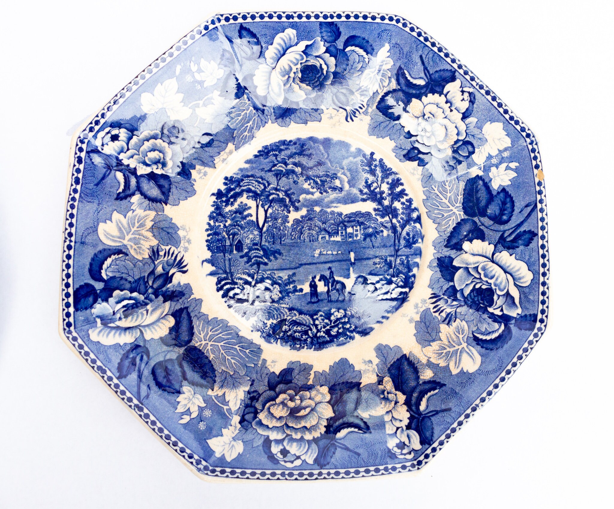 Wedgwood Landscape Blue and White Transferware Octagonal Serving Plate, Blue Transferware, Antique Wedgwood
