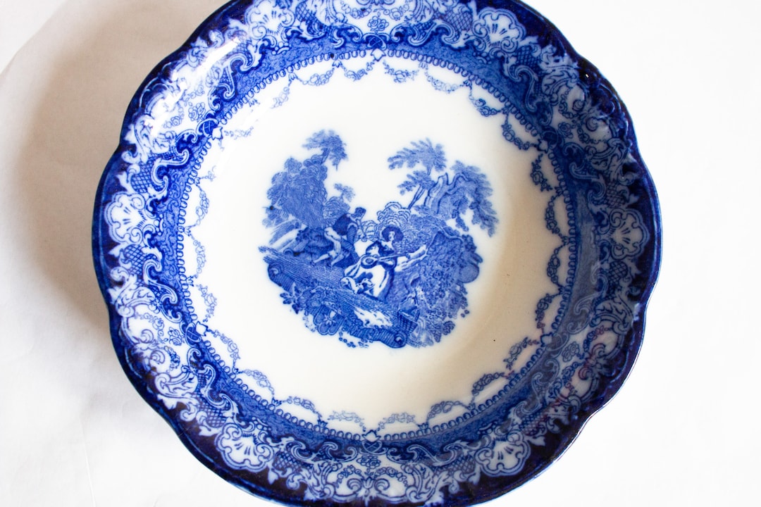 Antique New Wharf Pottery 'watteau' Flow Blue Transferware Serving Bowl ...