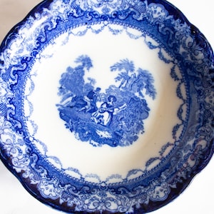 Antique New Wharf Pottery &#39;Watteau&#39; Flow Blue Transferware Serving Bowl, Antique Blue Transferware