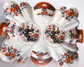 Antike georgian Masons Ironstone 'Dyball' Dessert Teller mit gewölbten Kanten, Sammlerstück China, Imari China, Antique Mason's China