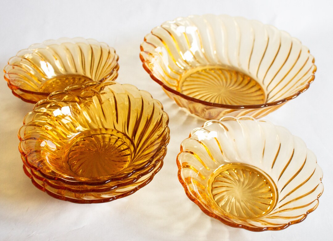 Vintage Retro Amber Coloured Glass Dessert Bowls Set for Six Etsy