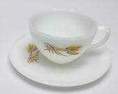 Fire King White Tea Coffee Cup and Saucer Golden Wheat Set