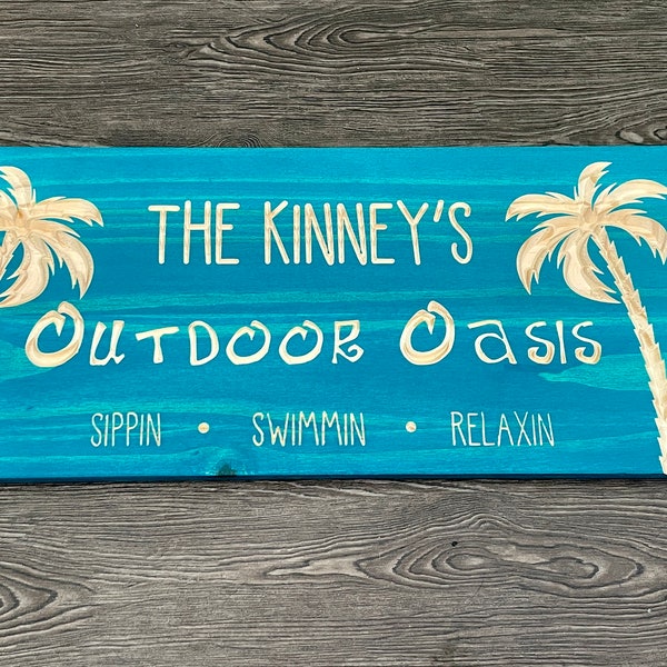 Custom CNC Carved Wood Backyard Sign | Personalized Outdoor Oasis Sign | Unique Gift | Custom Last Name Sign with Palm Trees