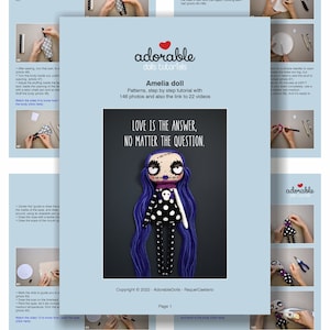 sewing tutorial cover with preview pages showing step by step doll making process, dark cute gothic rag doll PDF pattern included