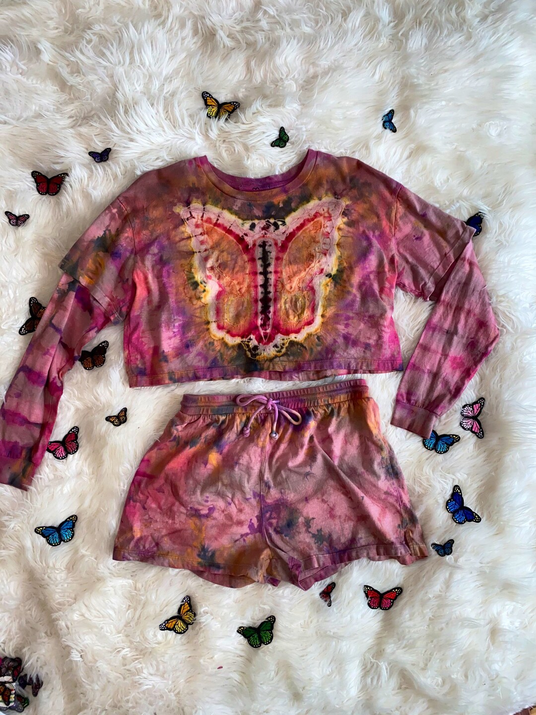 Tie Dye Matching Set Shorts and Layered Long Sleeve Cropped Etsy