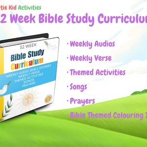 Peut inclure: Un livre coloré de 52 semaines de programme d'étude biblique avec le titre en violet et jaune. Le livre comprend des histoires bibliques audio hebdomadaires, des versets, des activités thématiques, des chants, des prières et des images à colorier sur le thème de la Bible.