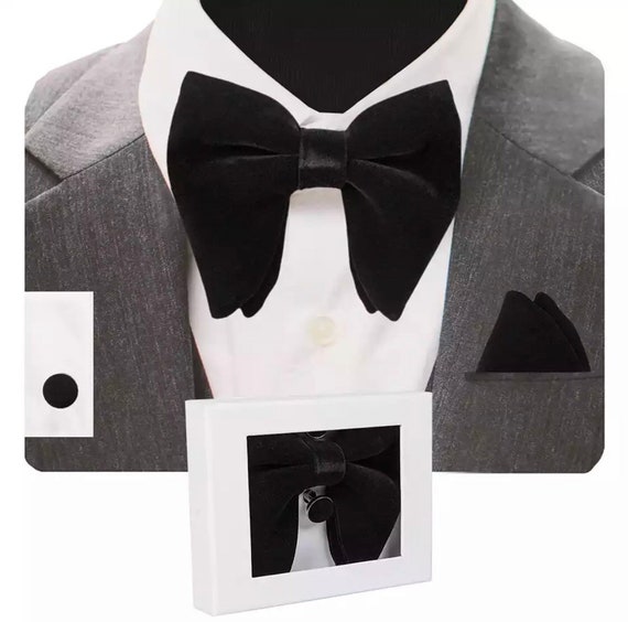 Oversized Velvet Bowtie Cufflink and Pocket Square Set