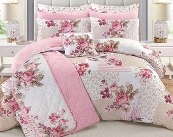 Ensemble housse de couette et taie d'oreiller à fleurs roses 100% coton style patchwork linge de lit