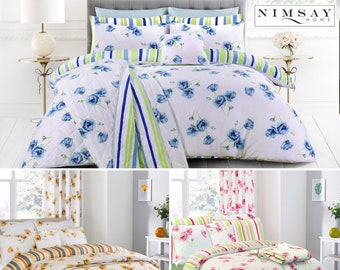 Nimsay Home Floral Poppy Duvet Cover Set 100% Cotton Katy Bed Linen Easy Care Reversible Stripe Quilt with Pillowcases