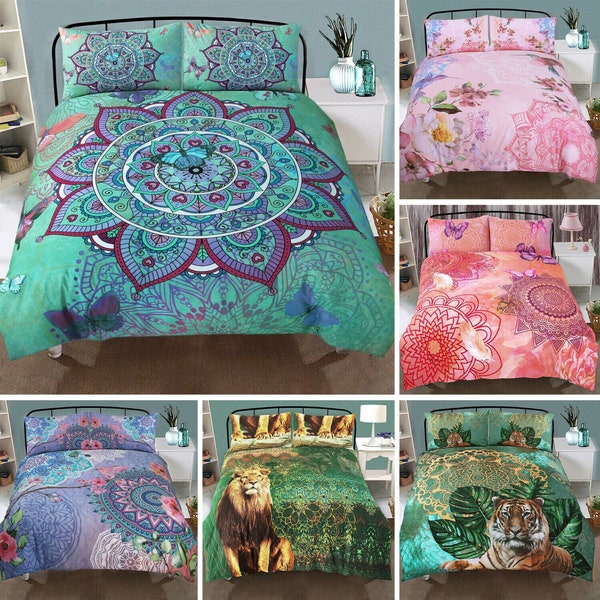 Nimsay Maison Mandala Housse de couette Faite à la main en coton égyptien et en polyester Mélange Indien Boho Donna Style Ensemble de literie avec housses d’oreiller