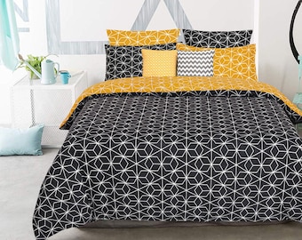 Nimsay Home Hexagon Funda nórdica Geométrica de algodón egipcio Juego de sábanas moderna con fundas de almohada, gris / ocre