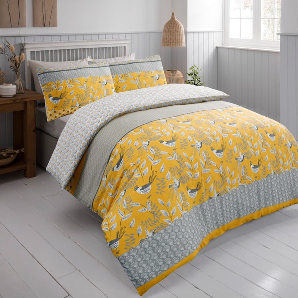 Birds Floral Duvet Quilt Cover Polycotton Reversible Grey Yellow Bedding Set