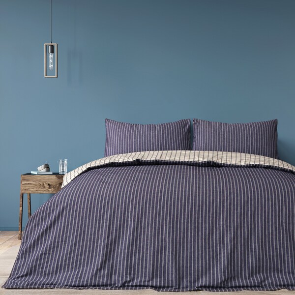 Jakarta Luxury Chambray 100% Cotton Stripe Check Reversible Duvet Cover Set