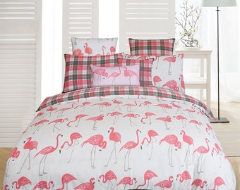 Nimsay maison flamant rose housse de couette fait à la main coton égyptien réversible Tartan vérifier Style ensemble de literie jeter avec taies d'oreiller