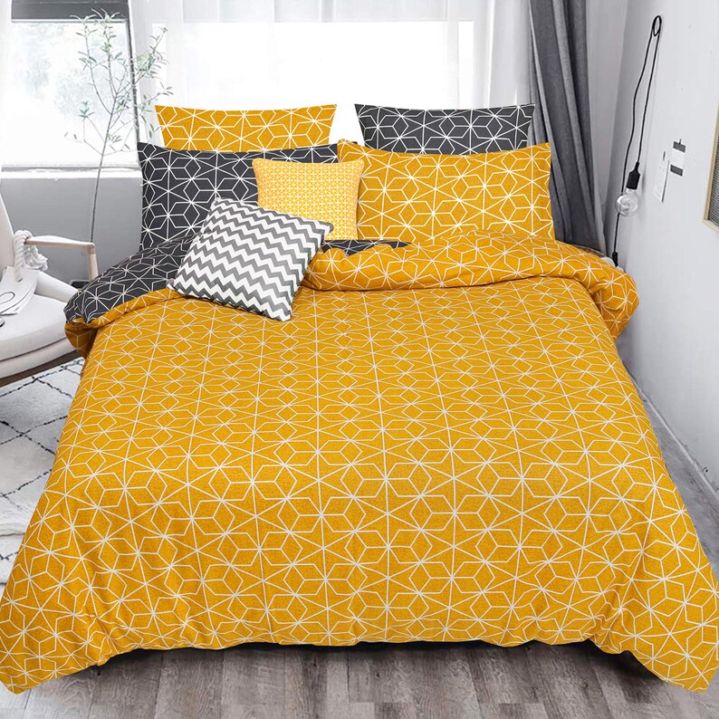 Nimsay Home Hexagon Duvet Cover Geometric Egyptian Cotton Modern Bedding Linen Set with Pillowcases, Grey/Ochre Duvet Cover - NL