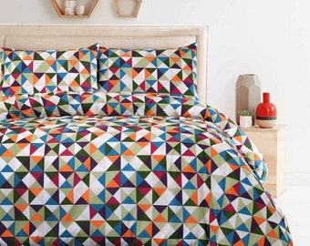 Diamond Geometric 100% Cotton Multicolour Duvet Cover Set