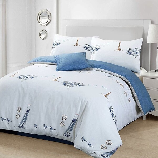 Beachcomber Nautical Duvet Cover 100% Cotton White Blue Bedding Set