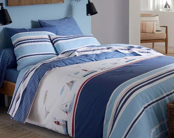 Nautical Duvet Cover Bedding Linen Set Coastal Seaside Stripe Sailing Lighthouse Pattern Bed Linens