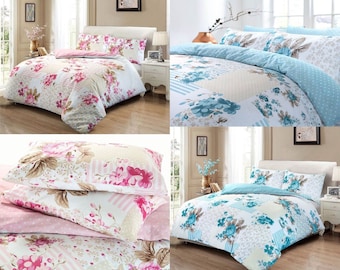 Rose Floral Duvet Cover and Pillowcase Set 100% Cotton Patchwork Style Bed Linens