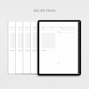 May include: Printable recipe pages with sections for prep time, cook time, servings, difficulty, calories, ingredients, directions, and notes. The pages are designed for a planner or notebook.