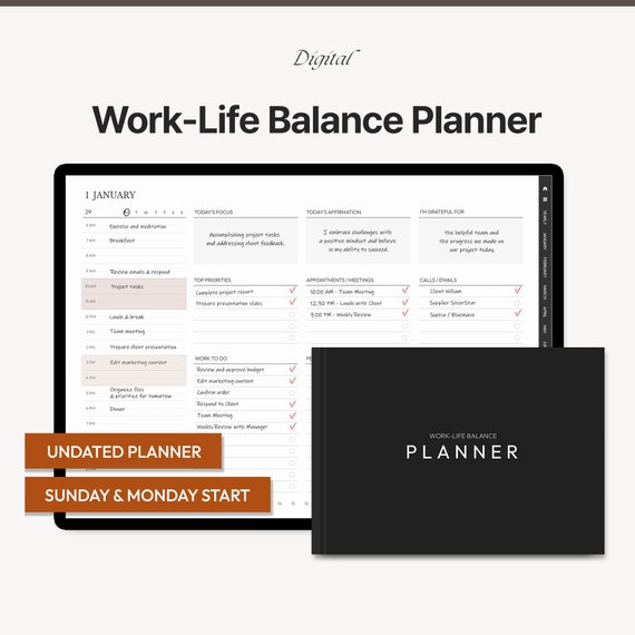 Digital Work-Life Balance Planner: Hyperlinked PDF Templates (GoodNotes, Notability) (Digital Download)