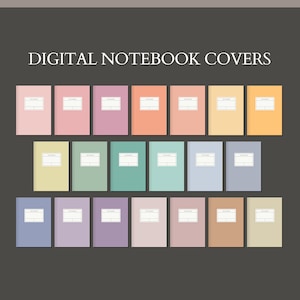 May include: A set of 24 digital notebook covers in various pastel colors. Each cover has a simple design with a white border and the word "Notebook" at the top.