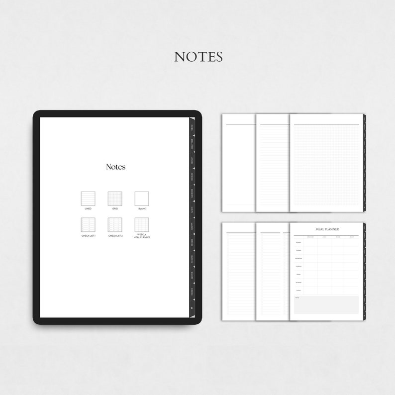 May include: A digital planner app interface with the word "Notes" at the top. The app has a variety of note templates, including lined, grid, blank, checklist, and a weekly meal planner.