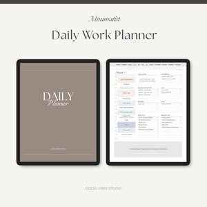 May include: A minimalist daily work planner with a brown cover and a white logo that says "DAILY Planner" and "GOOD VIBES STUDIO". The planner has a calendar with the month of March and a daily planner with sections for "Today's Focus", "For Projects", "Meetings", "Reminders", "Work To Do", "Personal To Do", and "The Energy Belongs to Those Who Believe in the Beauty of Their Dreams".