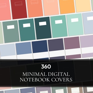 Könnte beinhalten: 360 Minimalistische Digitale Notizbuchcover. Eine Sammlung digitaler Notizbuchcover in verschiedenen Farben, darunter Grün, Blau, Lila und Grau. Jedes Cover hat ein schlichtes Design mit einer weißen Linie oben.