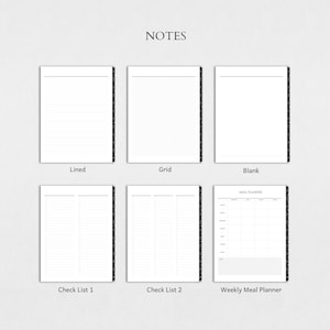 May include: Six different printable planner pages: lined, grid, blank, check list 1, check list 2, and weekly meal planner.