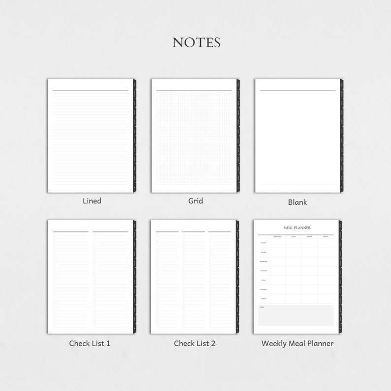 May include: Six different printable planner pages: lined, grid, blank, check list 1, check list 2, and weekly meal planner.