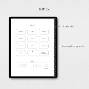 May include: A digital planner with a black and white design. The planner has a tabbed index with categories for breakfast, lunch, dinner, desserts, soups, salads, sauces, snacks, bakery, drinks, and kitchen conversions. The planner also includes lined, grid, blank, checklist, and meal planner pages.