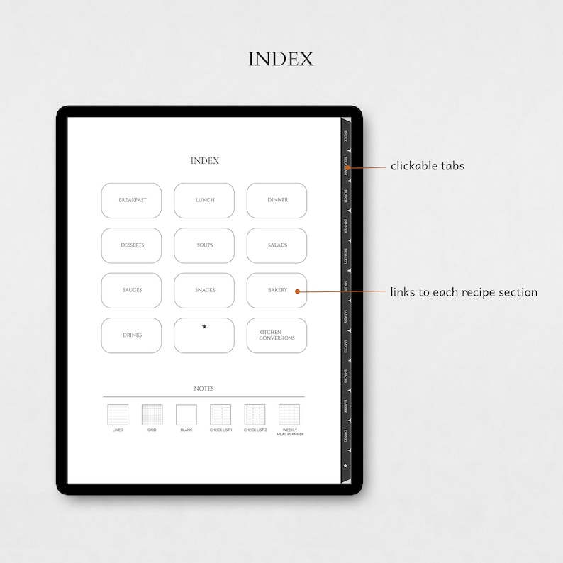 May include: A digital planner with a black and white design. The planner has a tabbed index with categories for breakfast, lunch, dinner, desserts, soups, salads, sauces, snacks, bakery, drinks, and kitchen conversions. The planner also includes lined, grid, blank, checklist, and meal planner pages.