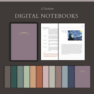 May include: A set of 12 digital notebooks with different colored covers. The notebooks are designed for digital note-taking and feature the text "NOTEBOOK" on the front cover. The image also shows a sample page from one of the notebooks with the title "The Starry Night" and a reproduction of the famous painting by Vincent van Gogh.