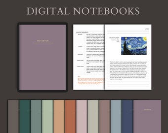 以下が含まれることがあります： 12冊の異なる色の表紙を持つデジタルノートブックのセット。ノートブックはデジタルノートを取るように設計されており、表紙には「NOTEBOOK」というテキストが書かれています。画像には、ノートブックの1ページのサンプルも表示されており、「星月夜」というタイトルと、フィンセント・ファン・ゴッホの有名な絵画の複製が描かれています。