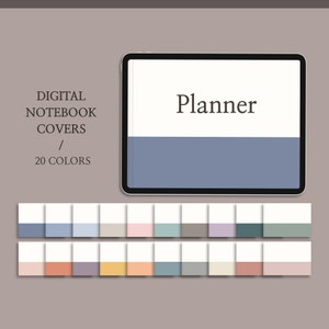 May include: A digital planner template with the word "Planner" in white text on a light blue background. The template is displayed on a tablet screen. Below the tablet are 20 color swatches, each with a different color combination of two colors.