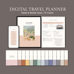 Puede incluir: Una plantilla de planificador de viaje digital con 15 opciones de color. La plantilla incluye una página de portada con la palabra "Europa" y una página de contenido. El planificador también incluye una página de resumen del viaje con una tabla para planificar tu viaje. El planificador está disponible en tamaños de tableta y móvil.