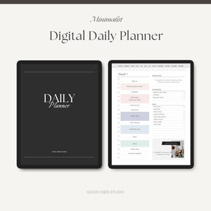 Peut inclure: Un planificateur quotidien numérique au design minimaliste noir et blanc. Le planificateur comprend un horaire quotidien, une liste de tâches et une section pour les priorités. Le planificateur est affiché sur l'écran d'une tablette.