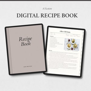 Puede incluir: Un libro de recetas digital con una portada gris que dice "Recipe Book" y "Good Vibes Studio". La página abierta muestra una receta de pasta con aceite de oliva con una foto del plato terminado.