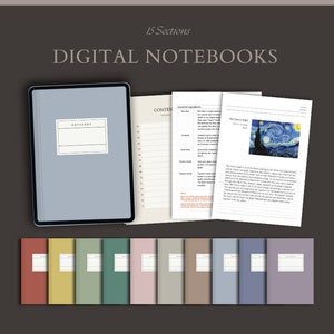 May include: A set of 15 digital notebooks in various colors, including red, yellow, green, blue, and purple. Each notebook has a simple design with a white border and the word "NOTEBOOK" printed in black. The notebooks are displayed on a dark gray background.